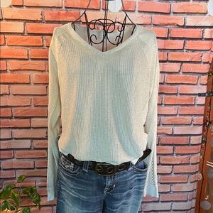 👚 Lucky Brand Linen Blend Shimmer Sweater Medium Gold Lurex Knit w/ Chiffon / A